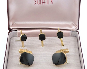 SWANK - Vintage Black & Gold Tone Cufflinks and 3 Shirt Dress Set w/ Box