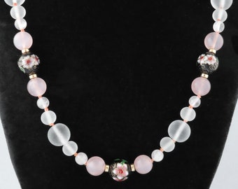 Vintage Chinese Cloisonne, Clear & Pink Quartz Beads Necklace w Sterling Silver Clasp