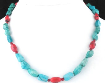 Vintage Natürliche Türkise & Rote Koralle Perlen Halskette w / Sterling Silber Verschluss