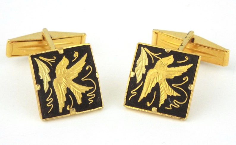 SPAIN Vintage Damascene 24K Gold Inlaid Flying Birds Studs Cufflinks