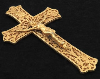 Rare Vintage Yellow Gold Metal Floral Crucifix - 5" x 3" (12.5 x 7.5 cm)