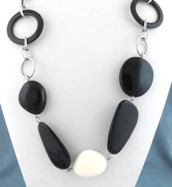 Long Chunky Vintage Black & White Resin Beads Mod… - image 1