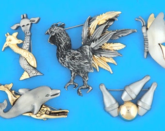 1990s - Lot of 5 Vintage 2-Tone Pewter Designers Pins / Brooches - Signed FAF & More