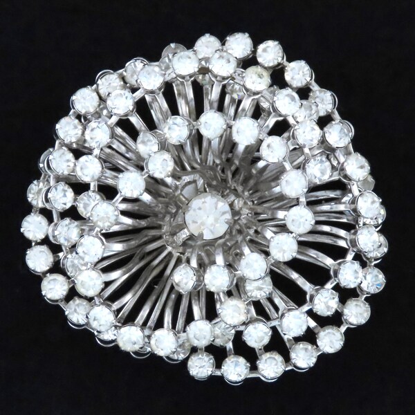 1960s - KRAMER N.Y. - Vintage Layered Sunburst Clear Rhinestones 3D Pin / Brooch