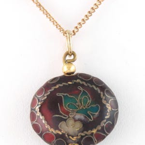 Vintage Chinese Cloisonne Enamel Floral Pendant w/ Gold Tone Chain