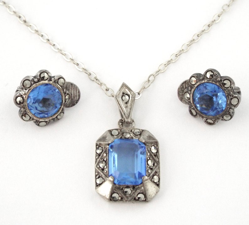 1930s Art Deco Blue Glass and Marcasites Sterling Silver Necklace /& Earrings Set