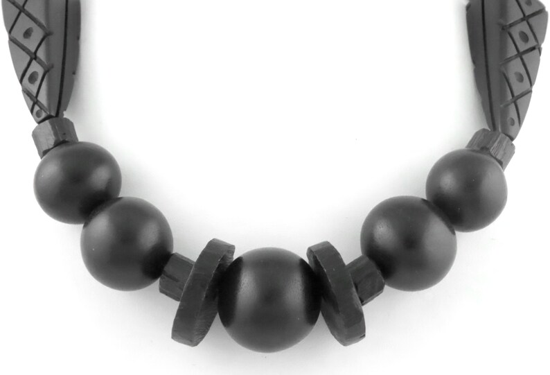 Chunky Vintage Carved Black Exotic Wood Beads Boho Style Necklace 17 image 2