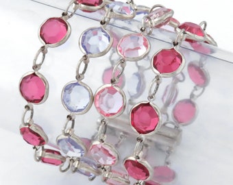 1980s - Wide Vintage 4 Strands 3-Tone Pink Faceted Glass Open Back Bracelet