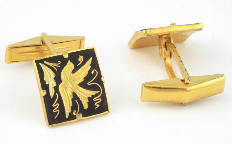 SPAIN Vintage Damascene 24K Gold Inlaid Flying Birds Studs Cufflinks