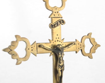 c. 1900 - Rare Antique Brass Gothic Design Altar Crucifix - 11 1/2"