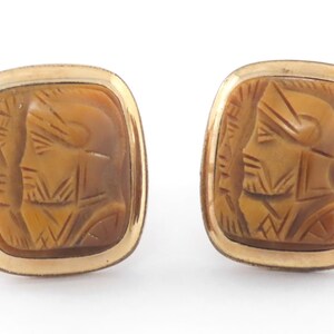Vintage Carved Tiger's Eyes Roman Soldiers Cameos Gold Filled Studs / Cufflinks - Hallmarked