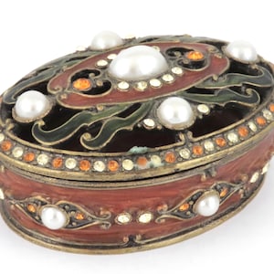 Small Vintage Enameled w/ Faux Pearls & Rhinestones Jeweled Oval Trinket Box