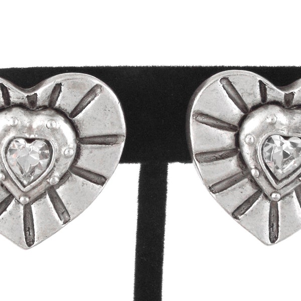 1960s - C. Stein - Vintage Clear Rhinestones Silver Tone Hearts Earrings