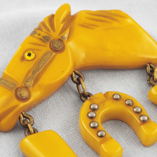 1930s Art Deco Carved Horse Head w/ Dangles Bakelite Pin / Brooch - BOOK PIECE
