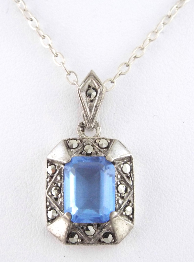 1930s Art Deco Blue Glass and Marcasites Sterling Silver Necklace /& Earrings Set