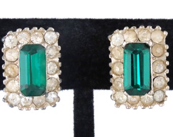 1930s - Early CORO - Art Deco Emerald Green & Clear Glass Gold Tone Earrings