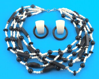 1960s - Vintage 6 Strands Black, White Celluloid and Silver Beads Necklace & Earrings