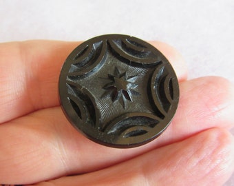 Medium antique black glass sewing button - 5 point star design - very neat!