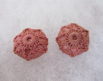 Pair of antique fabric textile sewing buttons - star pattern - cording over silk - rose colored