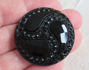 Large Antique Lacy black glass sewing button - faceted triad & paisley design - gorgeous!