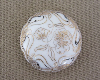 Elegant Medium antique Victorian glass sewing button - Art Nouveau - incised with gilding - white