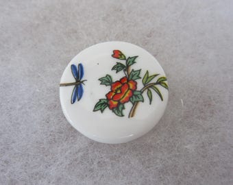 Birchcroft China sewing button - flowers and dragonfly - made in England
