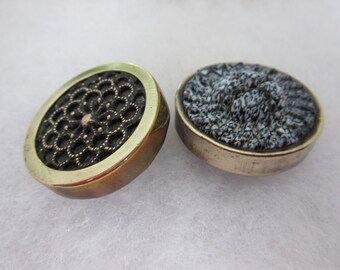 2 Medium sized antique sewing buttons - Drum types - Glass / brass mounted in metal - collector buttons