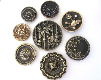 Lot of 8 brass Victorian sewing buttons - botanical - variety - pretty!