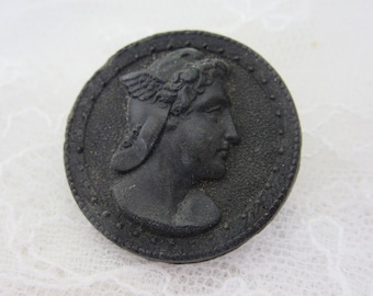 Medium antique sewing button -molded black horn pictorial - Mercury -- mythological figure