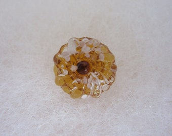 Small antique glass sewing button - amber color  - impressed paperweight style swirl back - charm string - beauty!