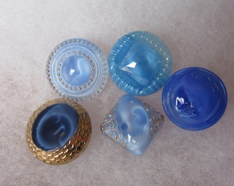 Lot of 5 vintage glass sewing buttons - Blue moonglow - gilt - one pictorial apple - one square
