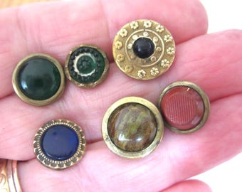Lot of 6 antique sewing buttons - glass mounted in metal - waistcoat types
