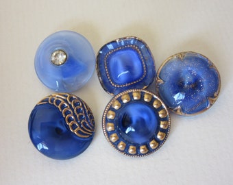 5 vintage glass sewing buttons - moonglows - Blue - embellished with gilt - beauties -  Mid 20th century - collector buttons