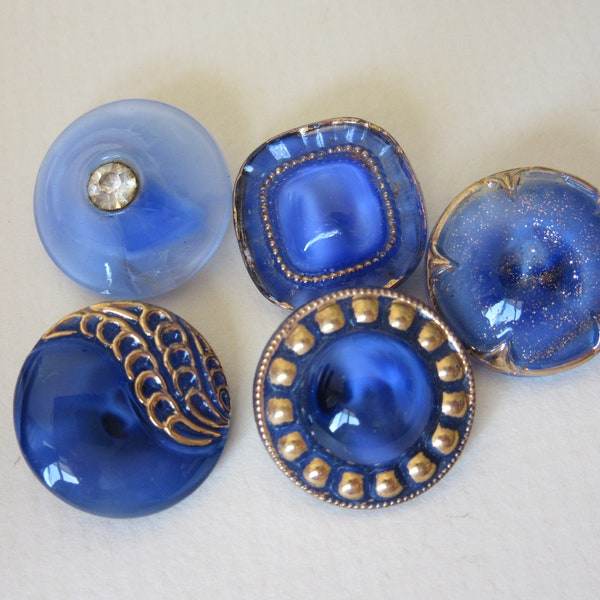 5 vintage glass sewing buttons - moonglows - Blue - embellished with gilt - beauties -  Mid 20th century - collector buttons