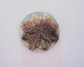 Medium antique sewing button - carved shell - two tone - leaf - plant life - cross shape - neat collector button  (l)