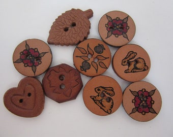 Vintage lot - medium sewing buttons - leather - stamped designs - bunny, flowers - realistic leaf and heart - Retro 1970s!