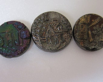 3 medium/small antique sewing buttons - black glass with iridescent luster - buildings pictorial - windmill, home