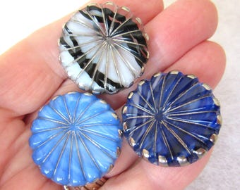 3 vintage glass sewing buttons (1") - beautiful intermixed glass -- embellished with silver