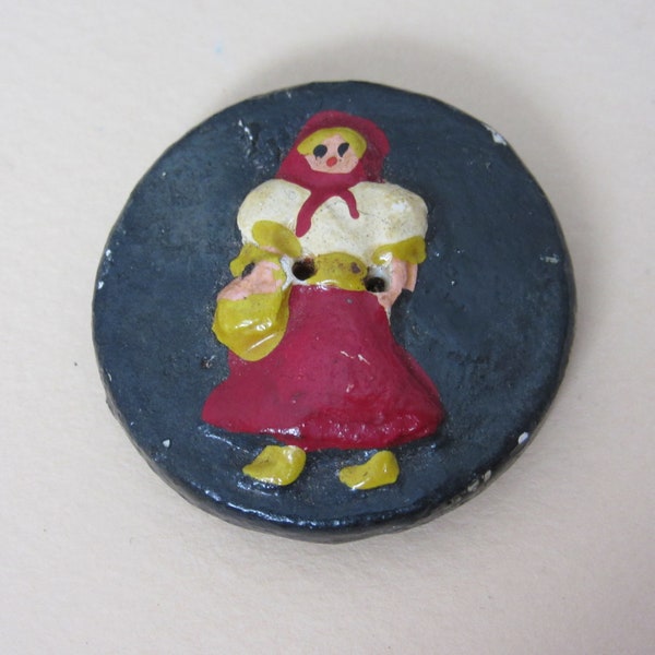 Chunky vintage sewing button - NBS large - Painted plaster - Red Riding Hood - Sweet!