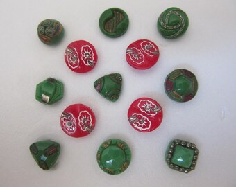 Lot of  13 Tiny vintage glass sewing buttons - green and red -- festive!