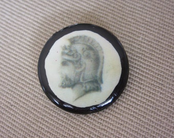 Medium shell sewing button - artist made - studio -  warrior - transfer on shell - signed Don Lanier