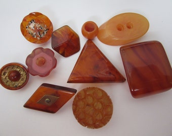 Lot of 10 vintage BAKELITE sewing buttons - rootbear - amber color - nice variety of shapes and sizes