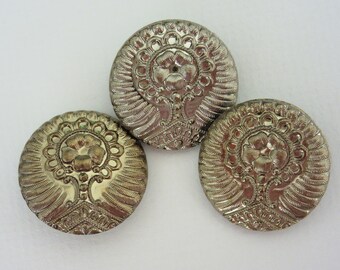 Set of 3 vintage glass sewing buttons - black glass with gold luster - lovely design - collector buttons