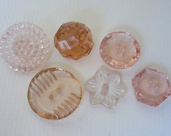 6 boutons de couture vintage ROSE transparents en verre - un groupe charmant ! boutons de collection - composants de bijoux