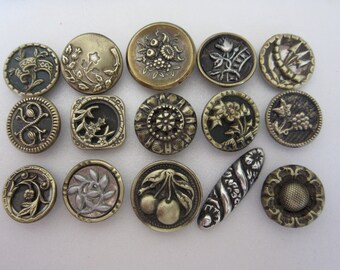 Lovely  lot of 15 small antique sewing brass buttons - flowers, plant life, and more... collectible, jewelry components, art...