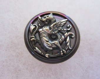 Medium Antique sewing button - Metal mounted in Shell - pictorial - fabulous beast - beautiful collector button! (l)