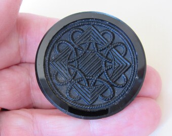 Large antique black glass sewing button - unique imitation fabric cording design - square in circle design