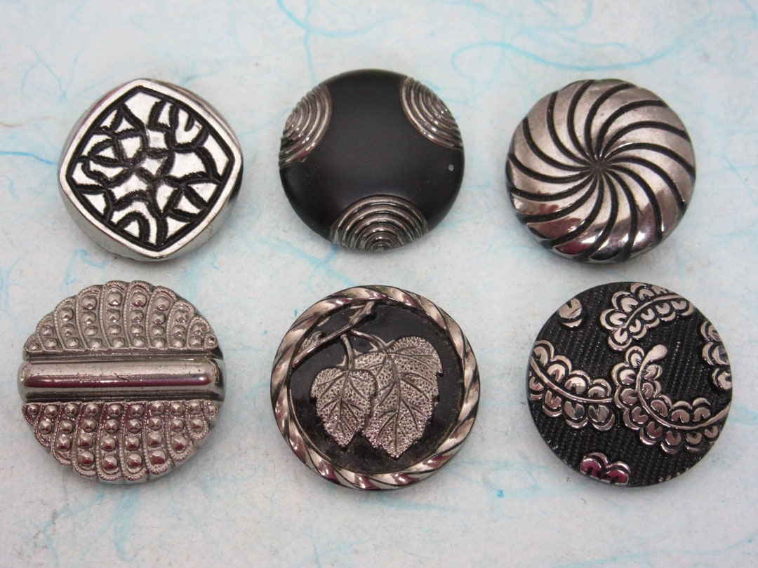 6 Medium Vintage Glass Sewing Buttons Black With Silver Luster and