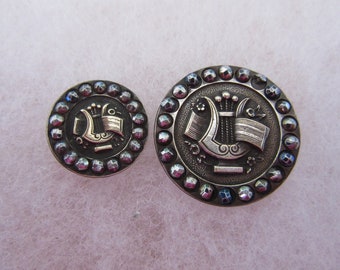 Mother Daughter pair -- Music theme sewing buttons - pictorial with riveted steel border - collector buttons