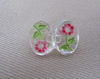 Medium vintage glass sewing button - clear with reverse painted flowers - neat shape